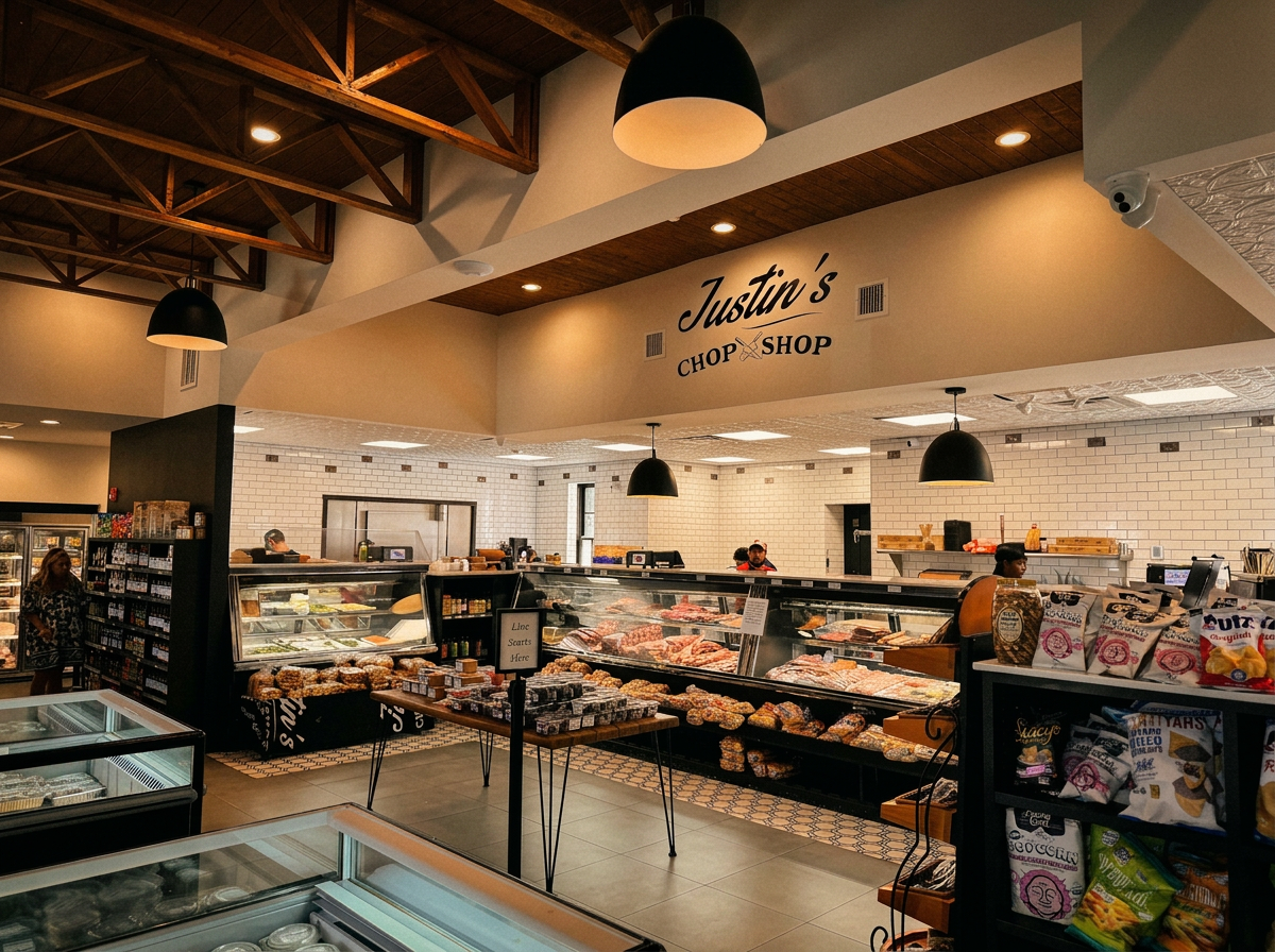 Inside Justin's Chop Shop, hanging dry-aged meats
